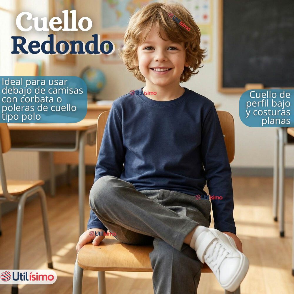 Pack 3 Poleras Camisetas Polar Azul Primera Capa Escolar Cuello Redondo Manga Larga Ni&ntilde;o image number 4.0