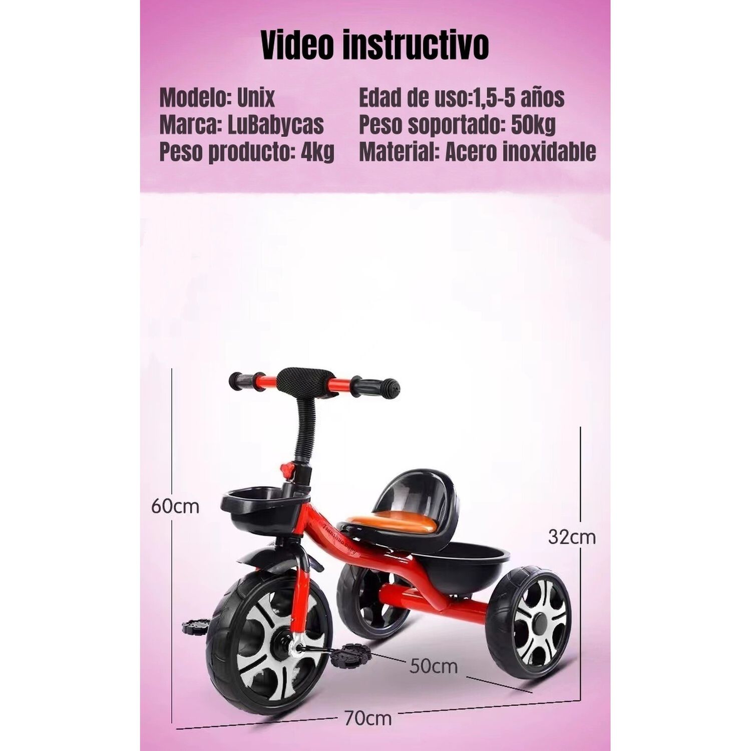 Triciclo Infantil Con Canastos 5 A&ntilde;os Unix Rojo Lubabycas image number 1.0