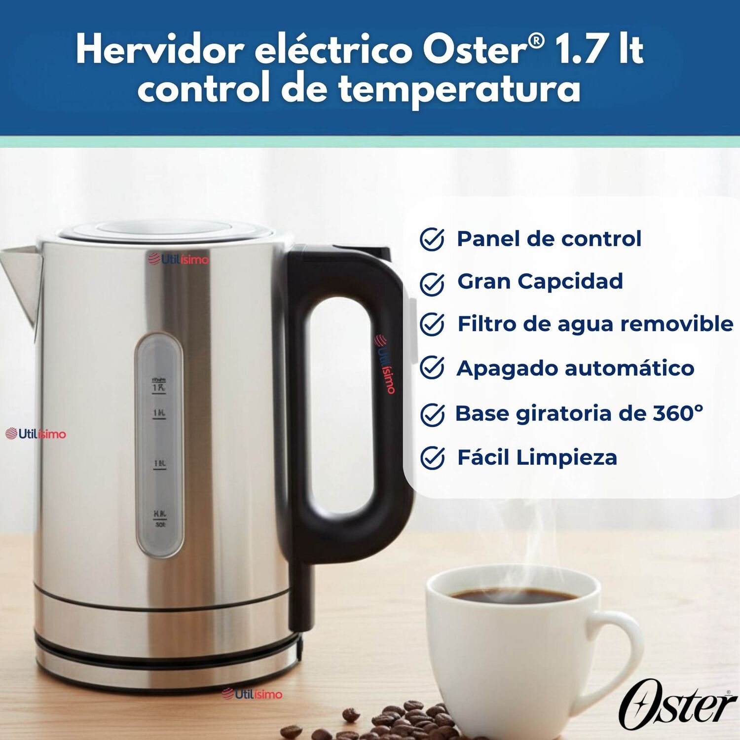 Hervidor El&eacute;ctrico Oster 1.7 Lt Control De Temperatura Bvstkt8970 image number 1.0