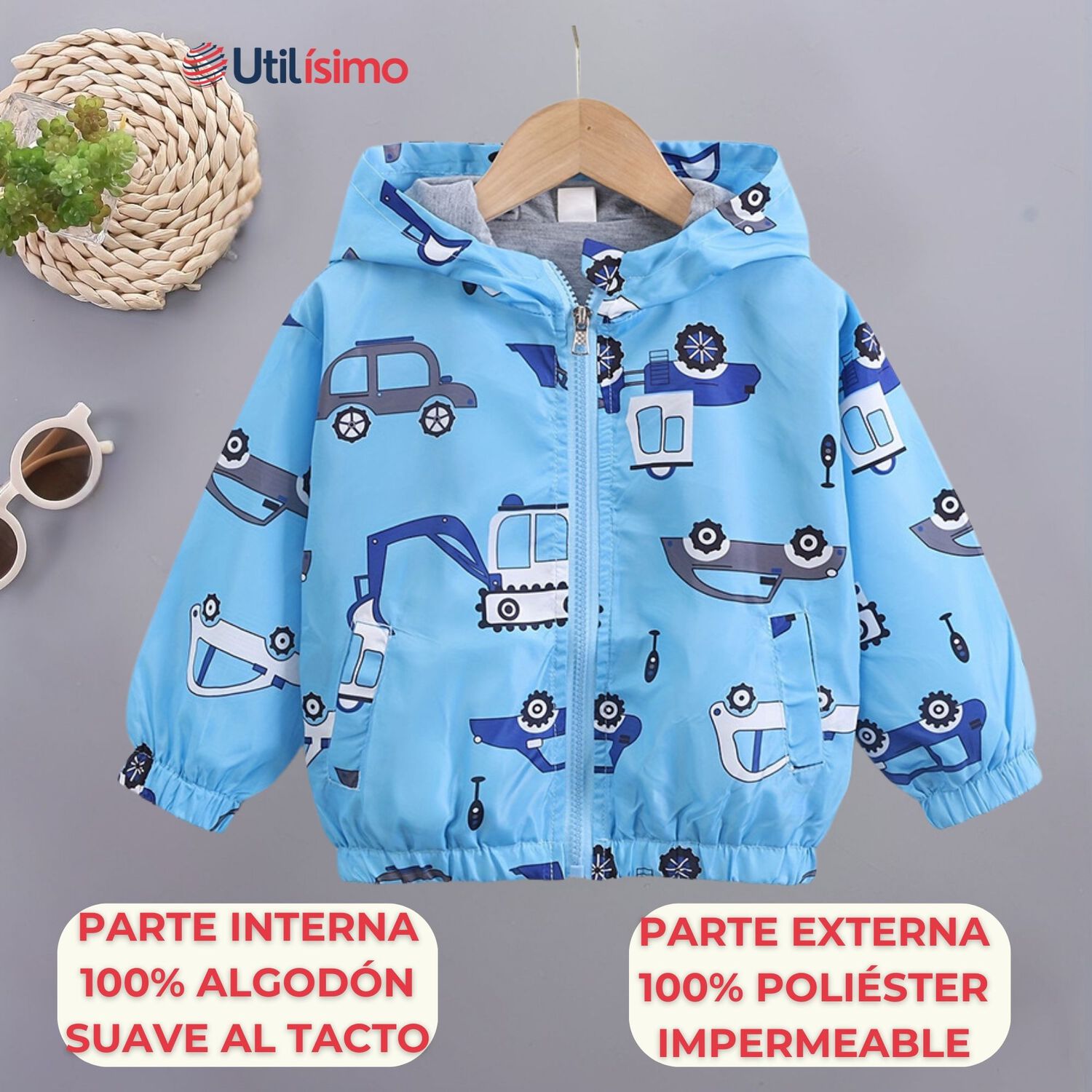 Cortaviento Impermeable Chaqueta Estampado Ni&ntilde;o Y Beb&eacute; Blue Cars image number 1.0
