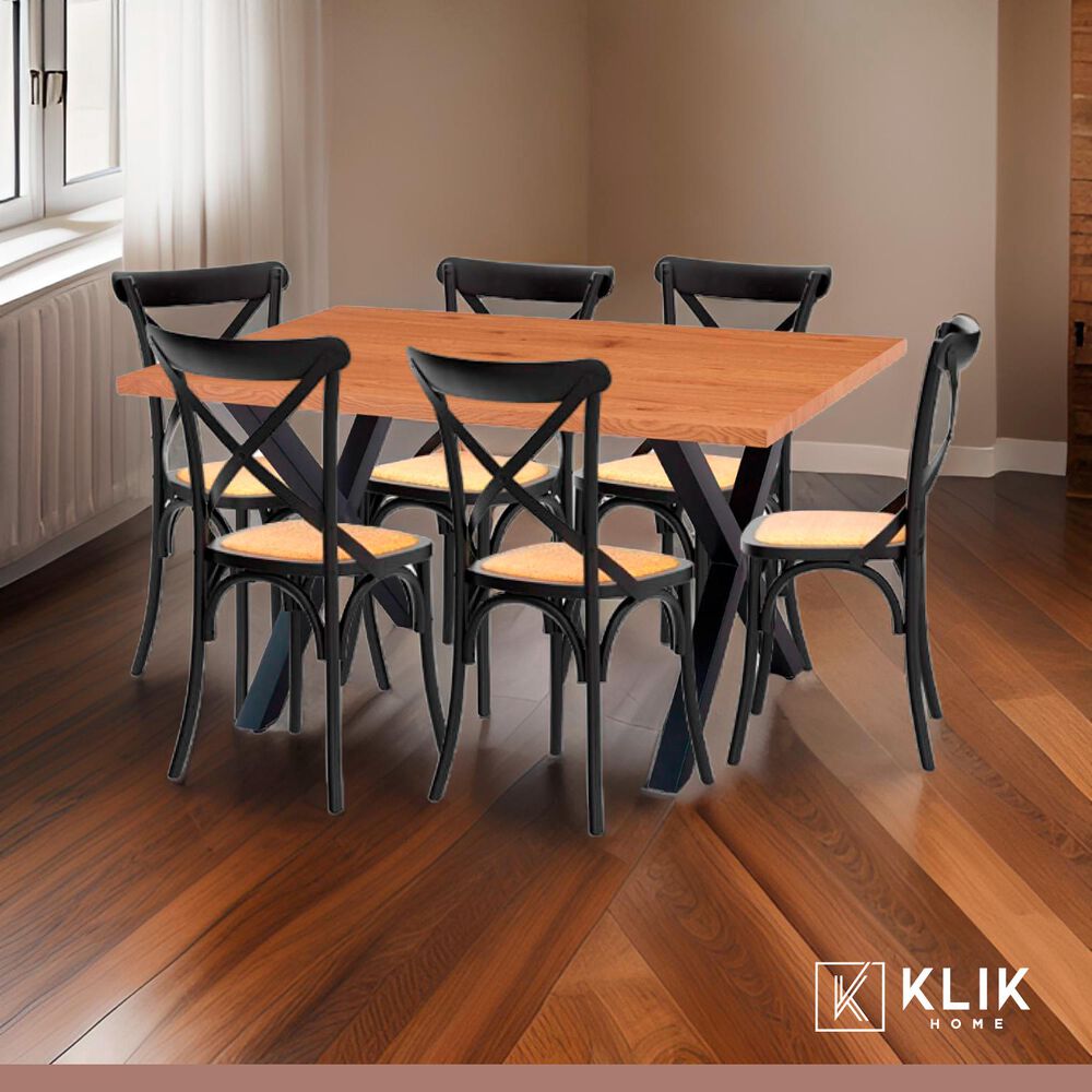 Comedor Mesa Color Madera Y Metal Cross 140x90 + 6 Sillas Crossback Madera Rattan Negra image number 1.0