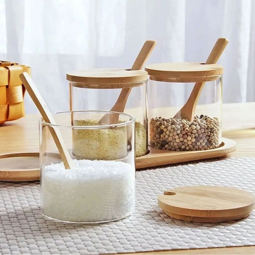 Set 3 Frascos Para Condimentos Vidrio Tapa Bambu Con Soporte image number 3.0