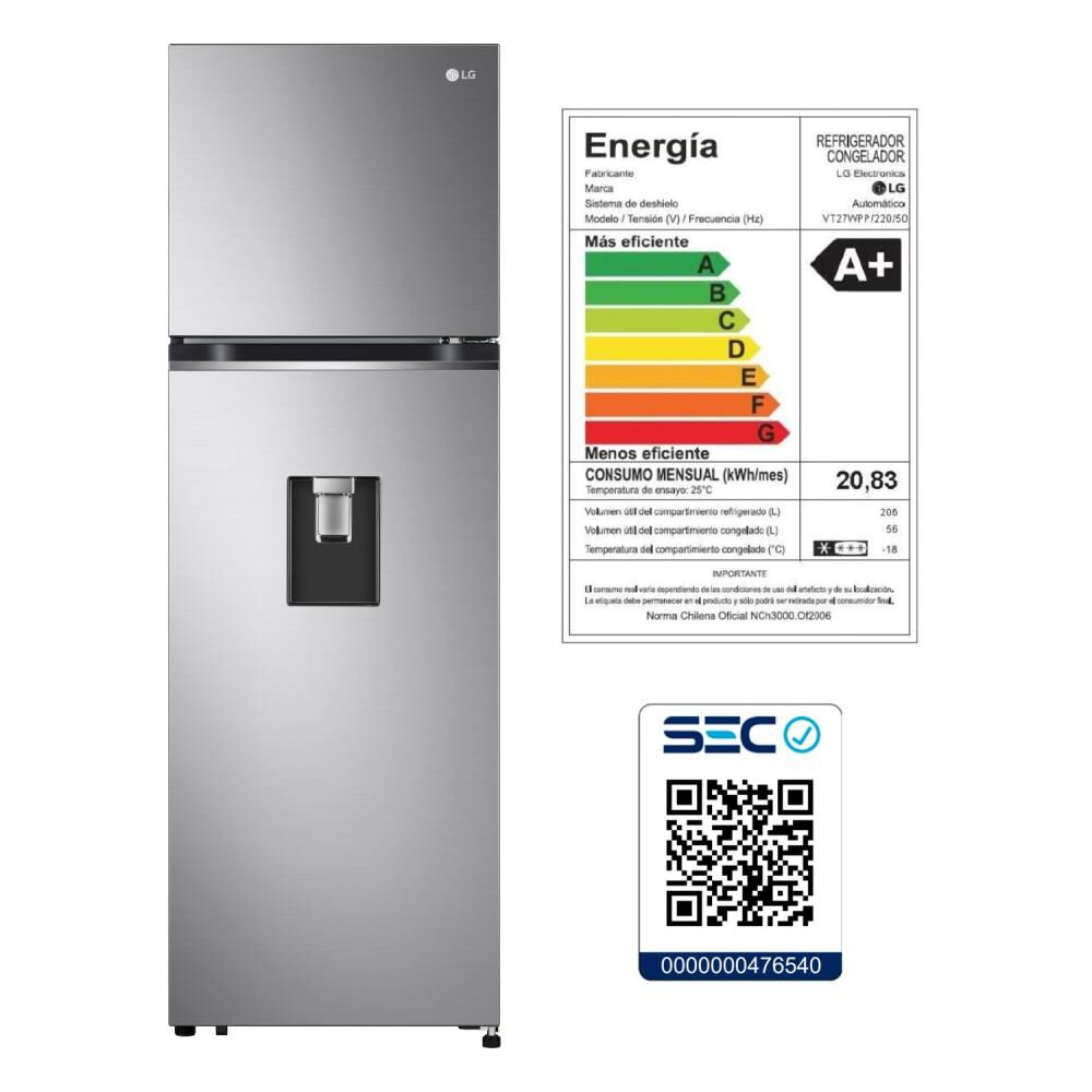 Refrigerador Top Freezer LG VT27WPP / No Frost / 262 Litros / A+ image number 12.0