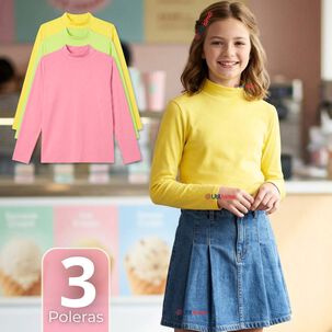 Pack 3 Poleras Camisetas Polar Primera Capa Cuello Beatle Manga Larga Colores Surtido Ni&ntilde;a