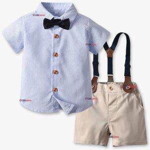 Conjunto Traje De Vestir Con Tirantes Camisa De Rayas Short Algod&oacute;n Bebes