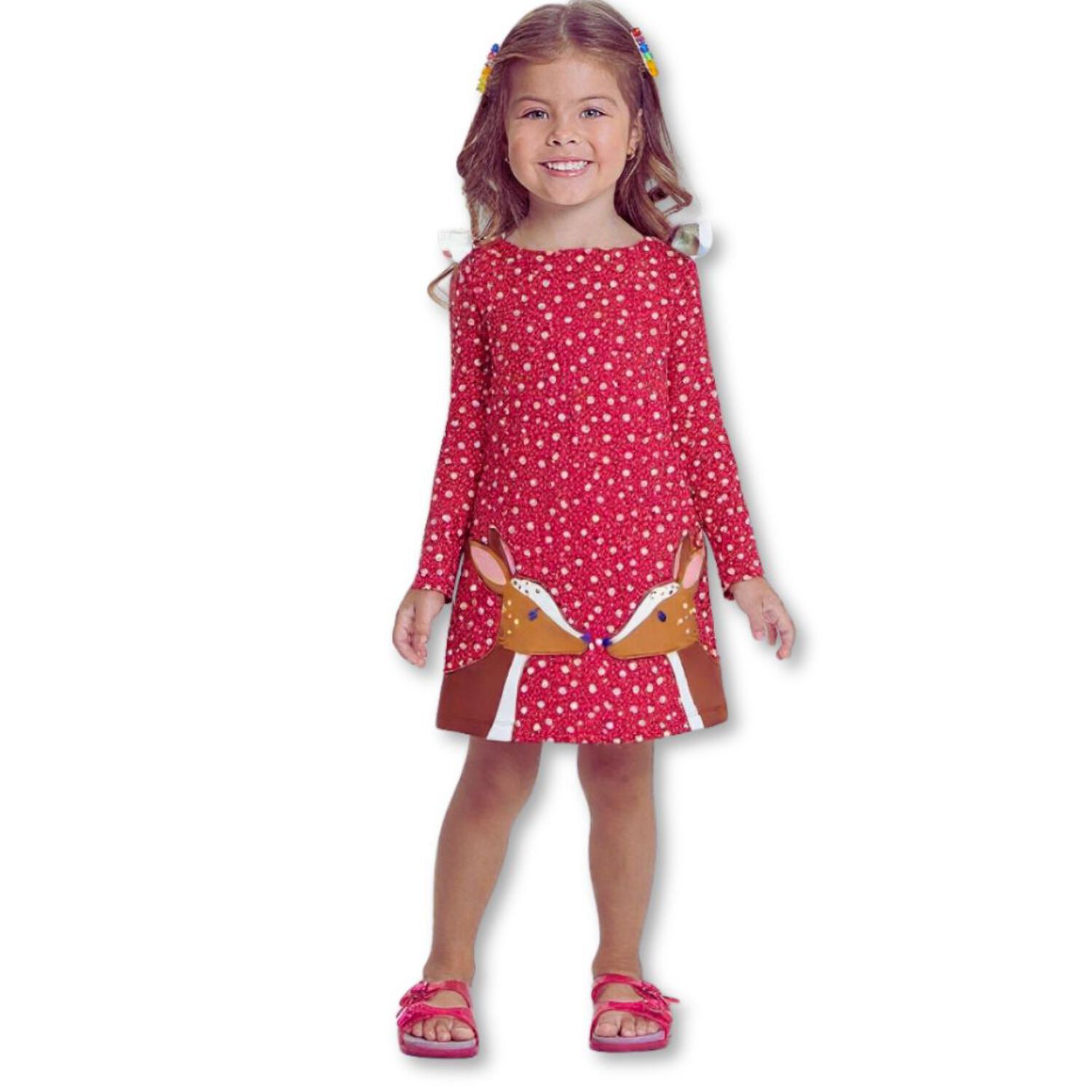 Vestido De Algod&oacute;n Navidad Manga Larga Ni&ntilde;a 2 A 7 A&ntilde;os Renos Rojos image number 0.0