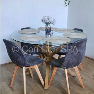 Comedor Warwick 100cm + 4 Sillas Capitonne Ecocuero Vintage Gris