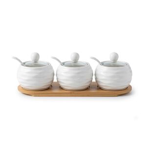 Set 3 Frascos Condimenteros Cer&aacute;mica Base Bamb&uacute; Cucharas