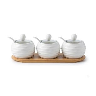 Set 3 Frascos Condimenteros Cer&aacute;mica Base Bamb&uacute; Cucharas