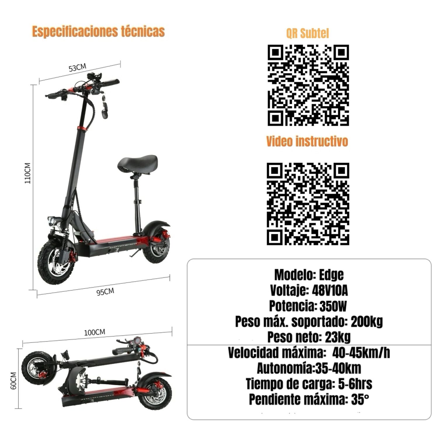 Scooter Adulto El&eacute;ctrico 40km 48v 350w Edge Negro image number 7.0