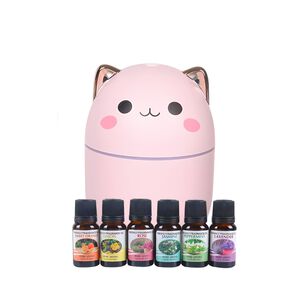 Pack Humidificador Dise&ntilde;o Gato Rosa + 6 Esencias Aromaticas