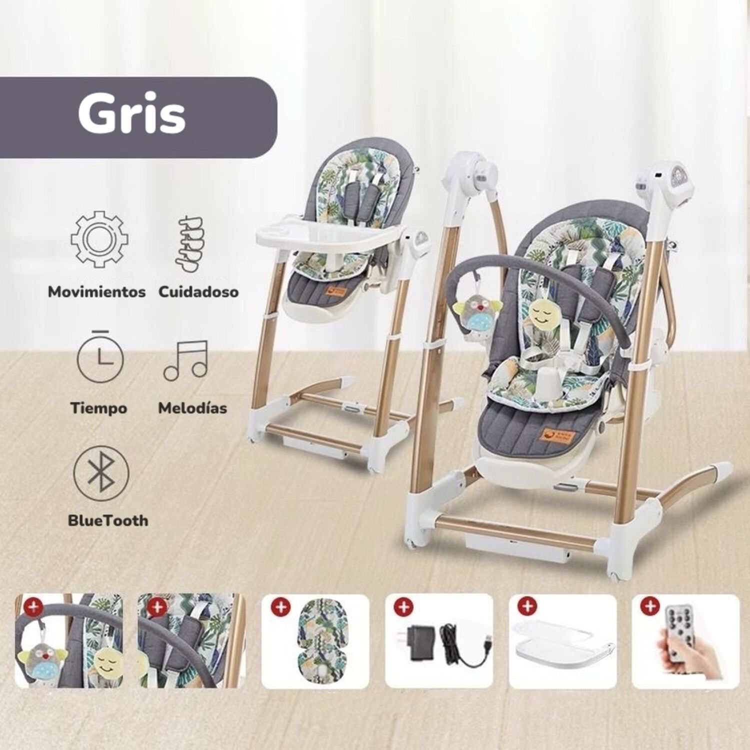 Silla De Comer Y Columpio Mecedor Lujoso Lubabycas Gris image number 3.0