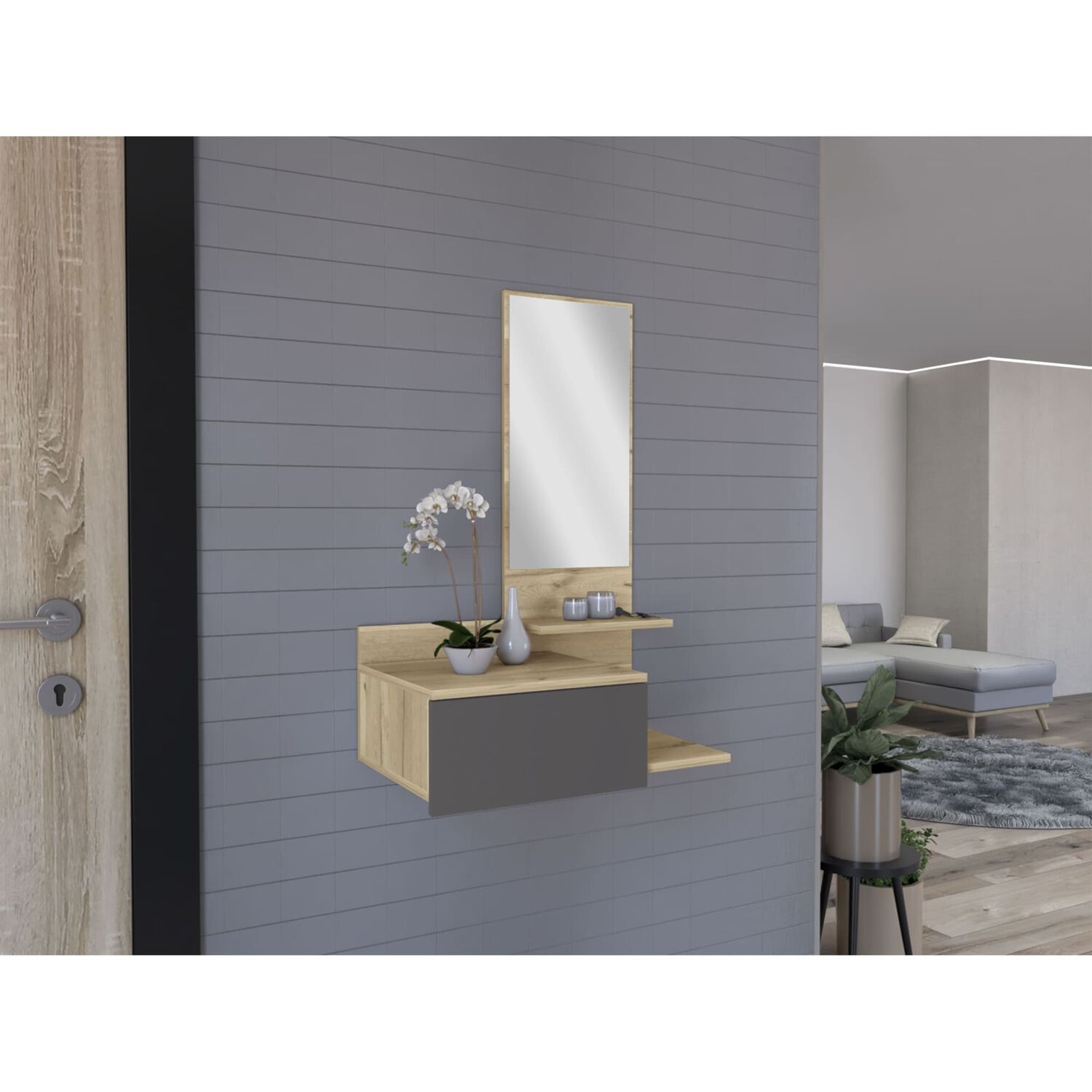 Mueble Recibidor Pared Con Espejo 1 Cajon Fm-002c - Caf&eacute; Claro image number 4.0