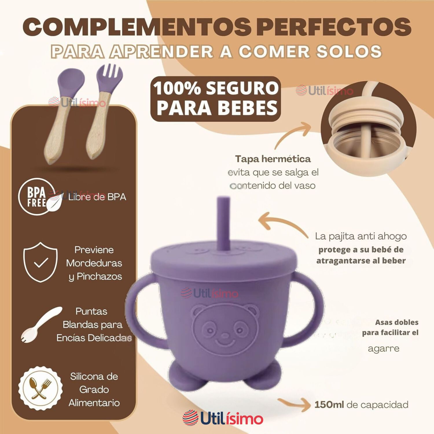 Set De Alimentaci&oacute;n Beb&eacute; Silicona De Formas 6 Piezas Libre Bpa Color Lila image number 9.0