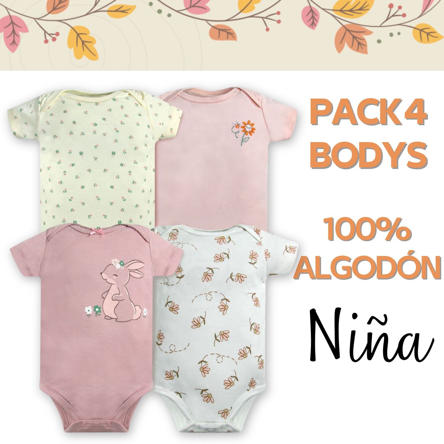 Pack 4 Bodys Ni&ntilde;a Manga Corta Tedmimak 100% Algod&oacute;n Conejos Rosa image number 4.0