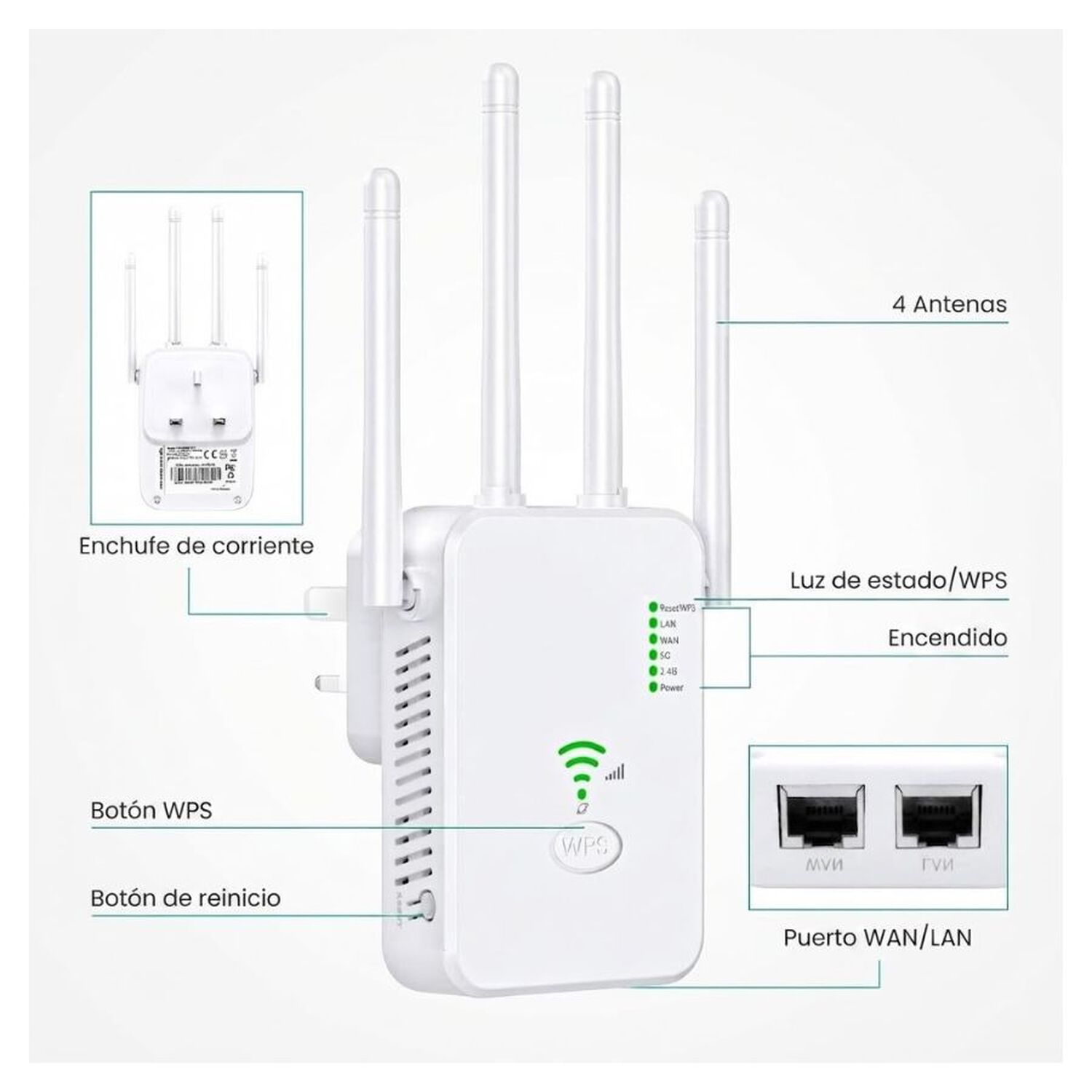 Repetidor Extensor Wifi 4 Antenas 300mbps Amplificador Se&ntilde;al Inalambrico image number 2.0