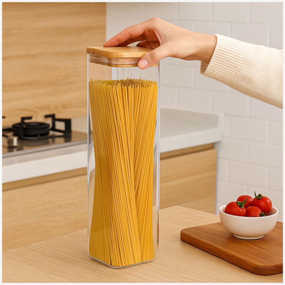 Set 3 Frascos Hermetico 680ml Cuadrado Vidrio 20cm Tapa Bambú image number 2.0