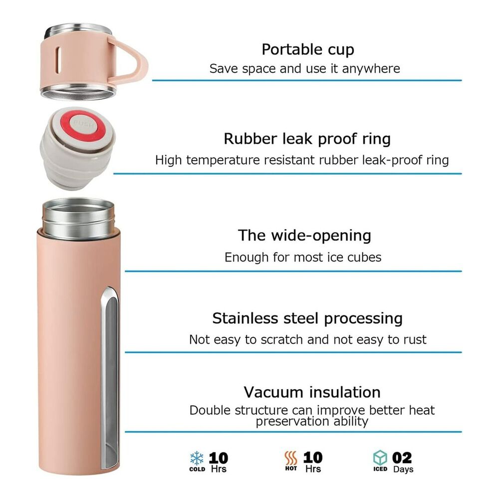 Termo Acero Inoxidable 500ml Beige Claro Y 3 Tazas Aisladas image number 3.0