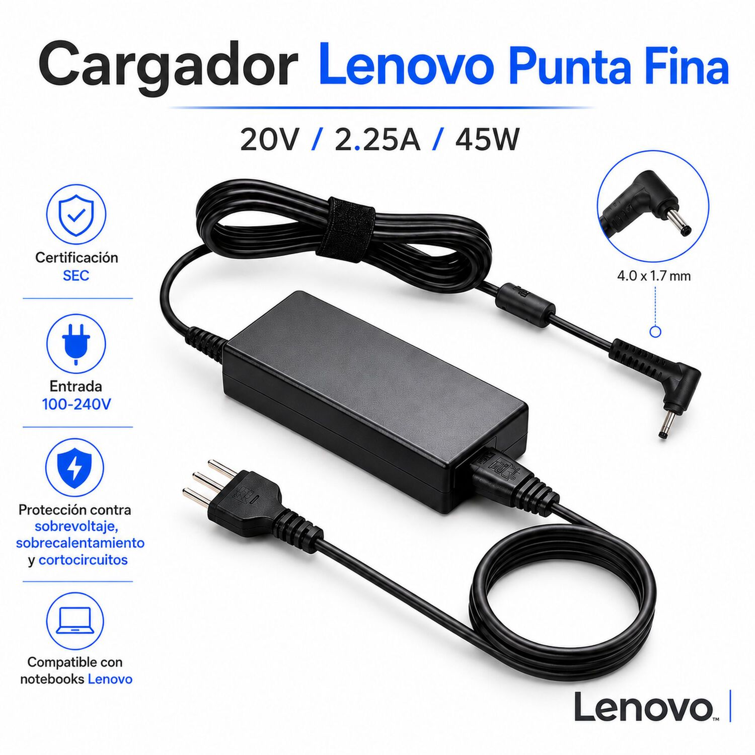 Cargador Notebook Para Lenovo Punta Fina 20v/2.25a Cert-sec image number 3.0