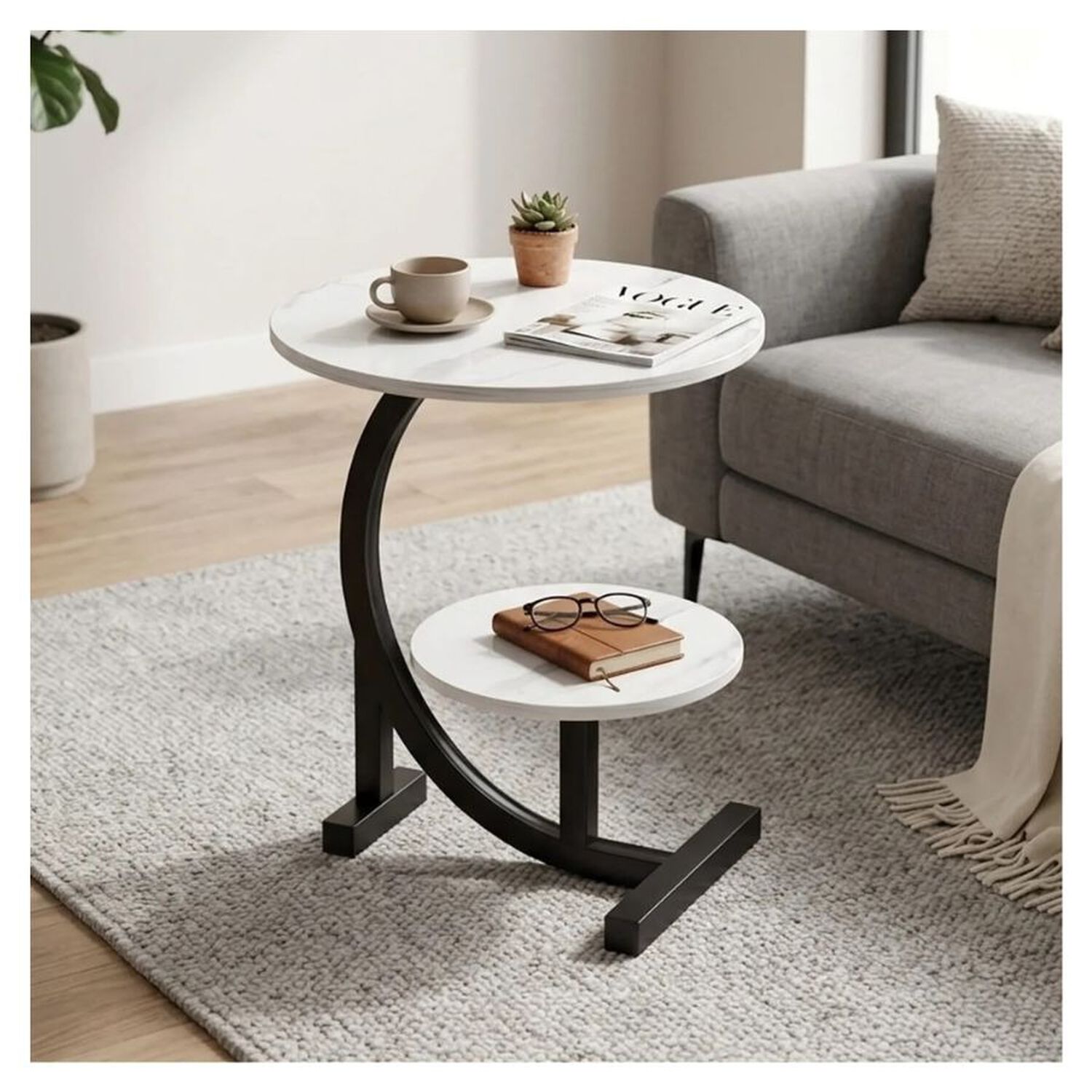 Mesa Auxiliar En Forma De C Redonda De 2 Niveles Living Blanca image number 2.0