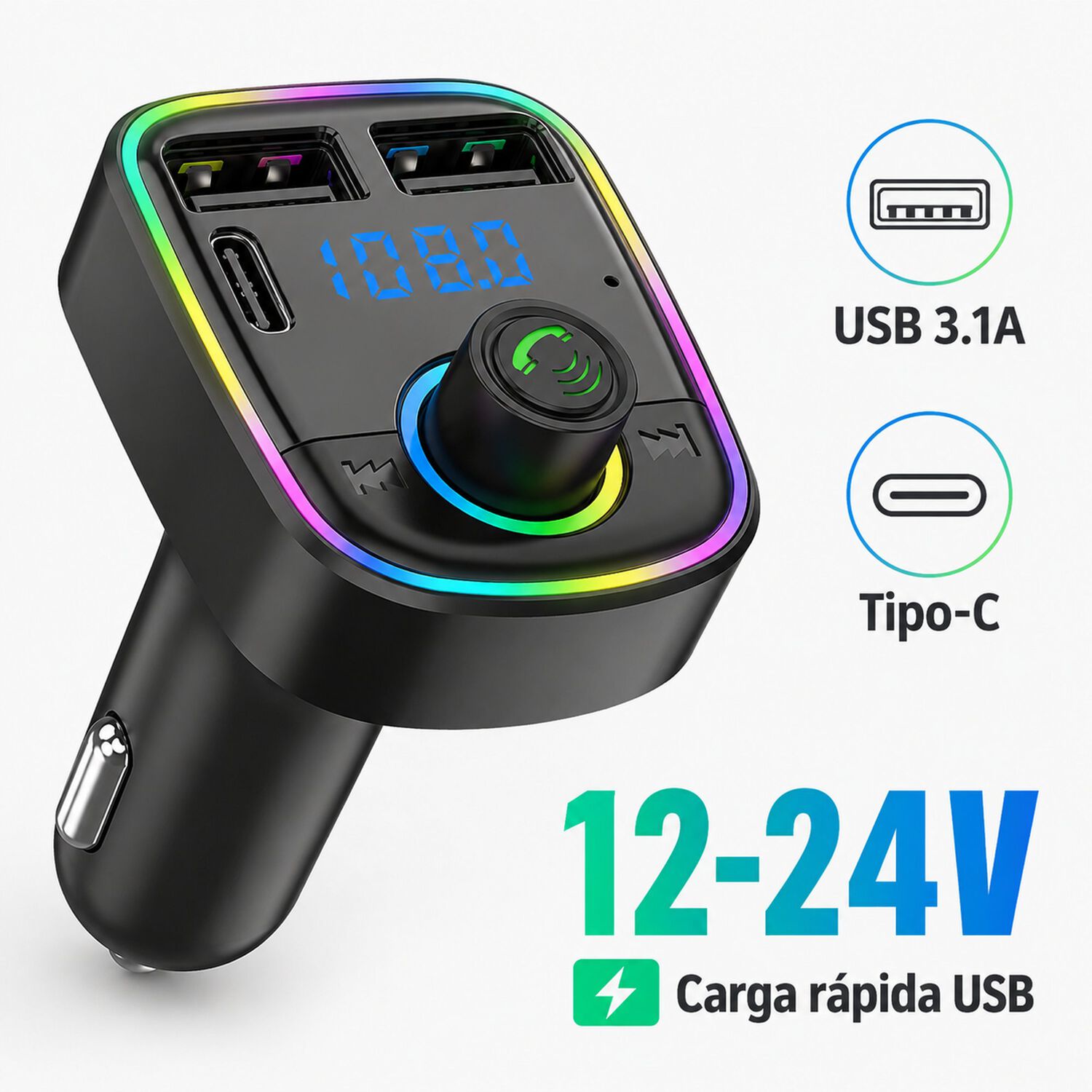 Transmisor Fm Bluetooth + Puerto Quick Charge 20w 12/24v Rgb image number 6.0