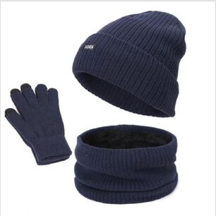 Gorro Beanie Azul Marino+guantes Lana + Cuello Polar Invieno