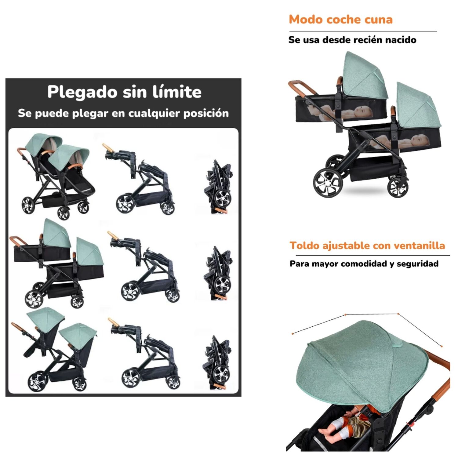 Coche Cuna Doble Multiposiciones Compacto A8 Negro Lubabycas image number 4.0