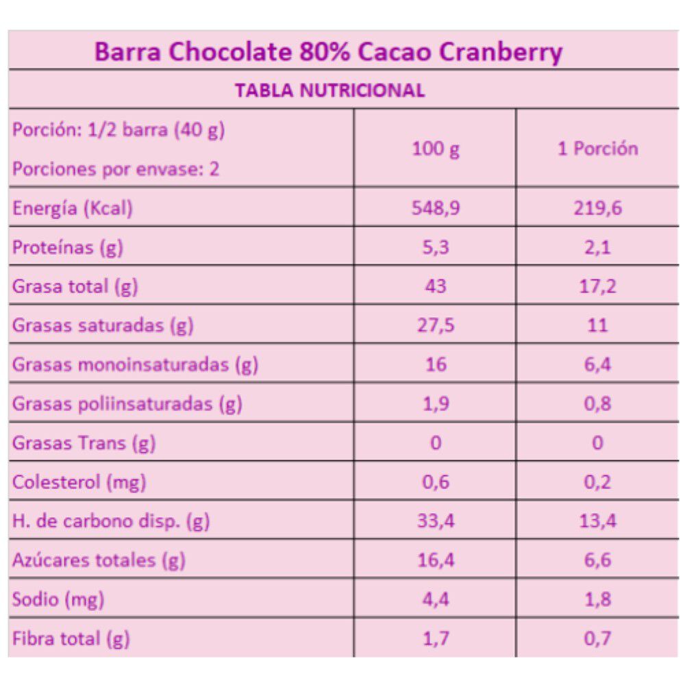 Chocolate Sabores Sin Culpa Cacao Cranberries Vegana image number 3.0