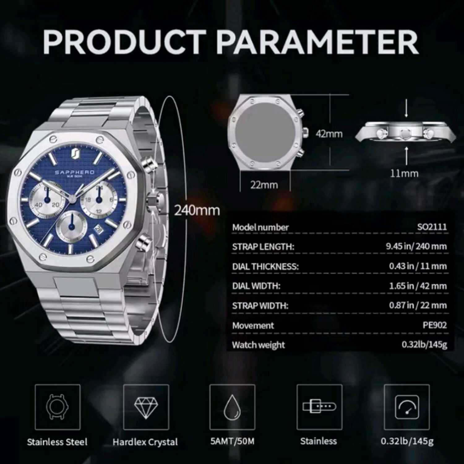 Reloj Sapphero Hombre Cronografo Acero Inoxidable Cuarzo image number 1.0