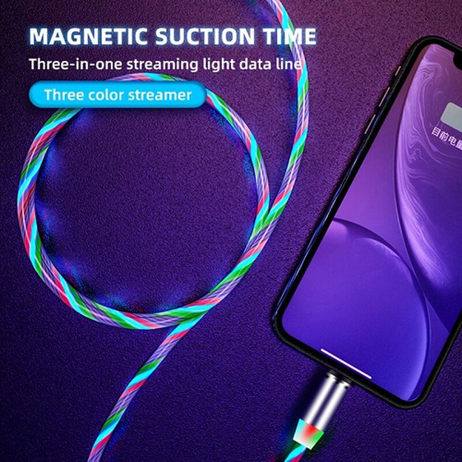 Cable De Carga Para Celular 3 En 1 Tipo C Brillante Luz Led Compatible Para Iphone Magnetico Compatible Ligthing Micro Usb Carga R&aacute;pida image number 3.0