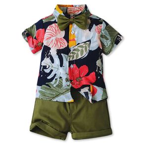 Conjunto De Vestir Hawaiano Manga Corta Ni&ntilde;o 1 A 5 A&ntilde;os Verde Floral Hawaiano