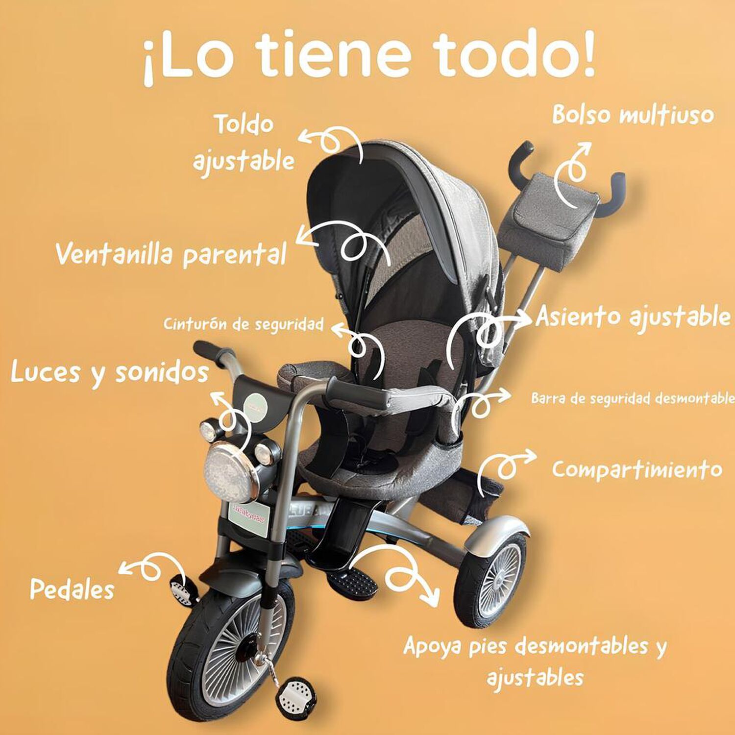 Triciclo Multifuncional 360&deg; Con Luces Lubabycas Gris image number 7.0