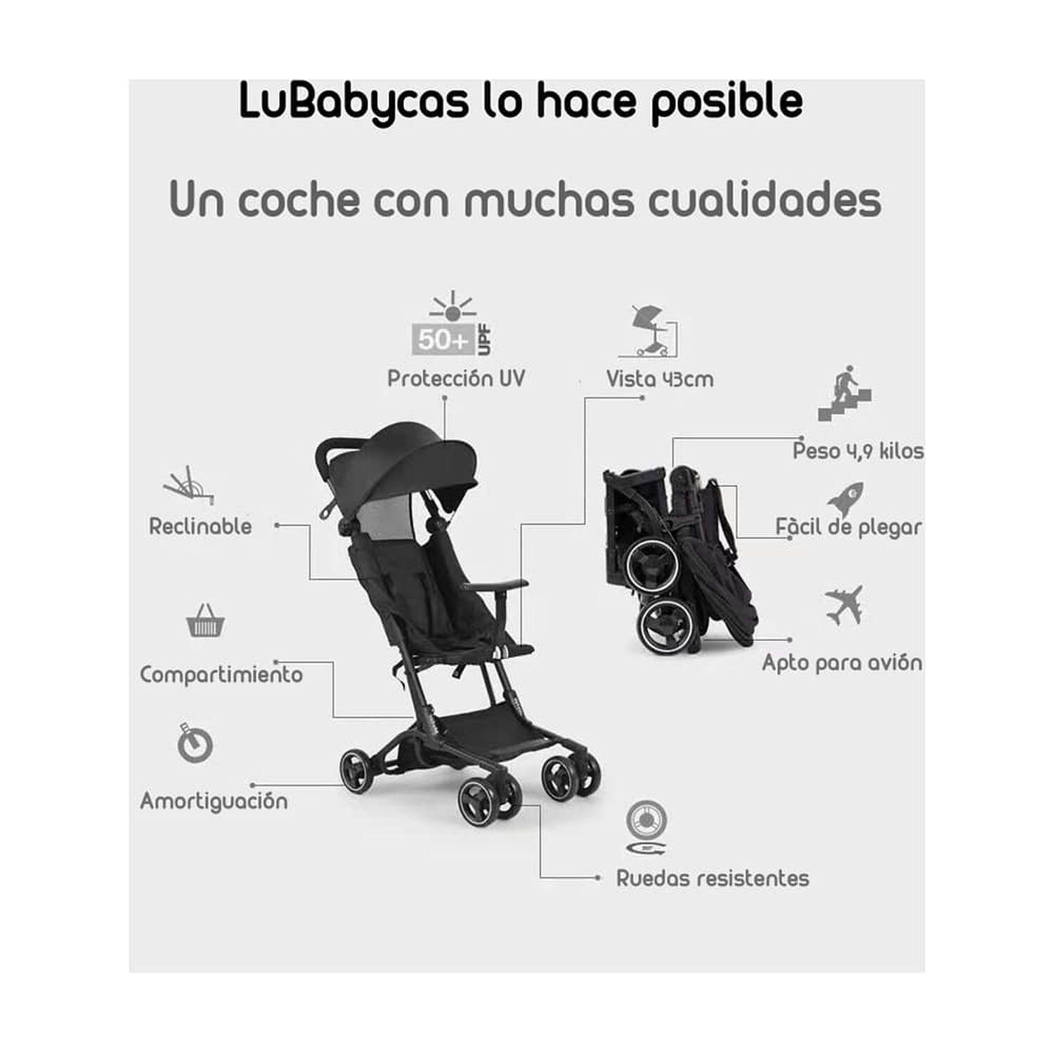Coche De Paseo Premium &Uacute;ltra Compacto Lubabycas Negro image number 7.0