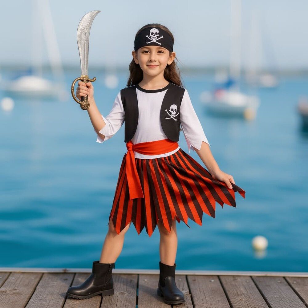 Disfraz Infantil Pirata Para Ni&ntilde;a Chile - Traje Completo Con Falda Roja, Blusa Blanca Y Chaleco Negro image number 0.0