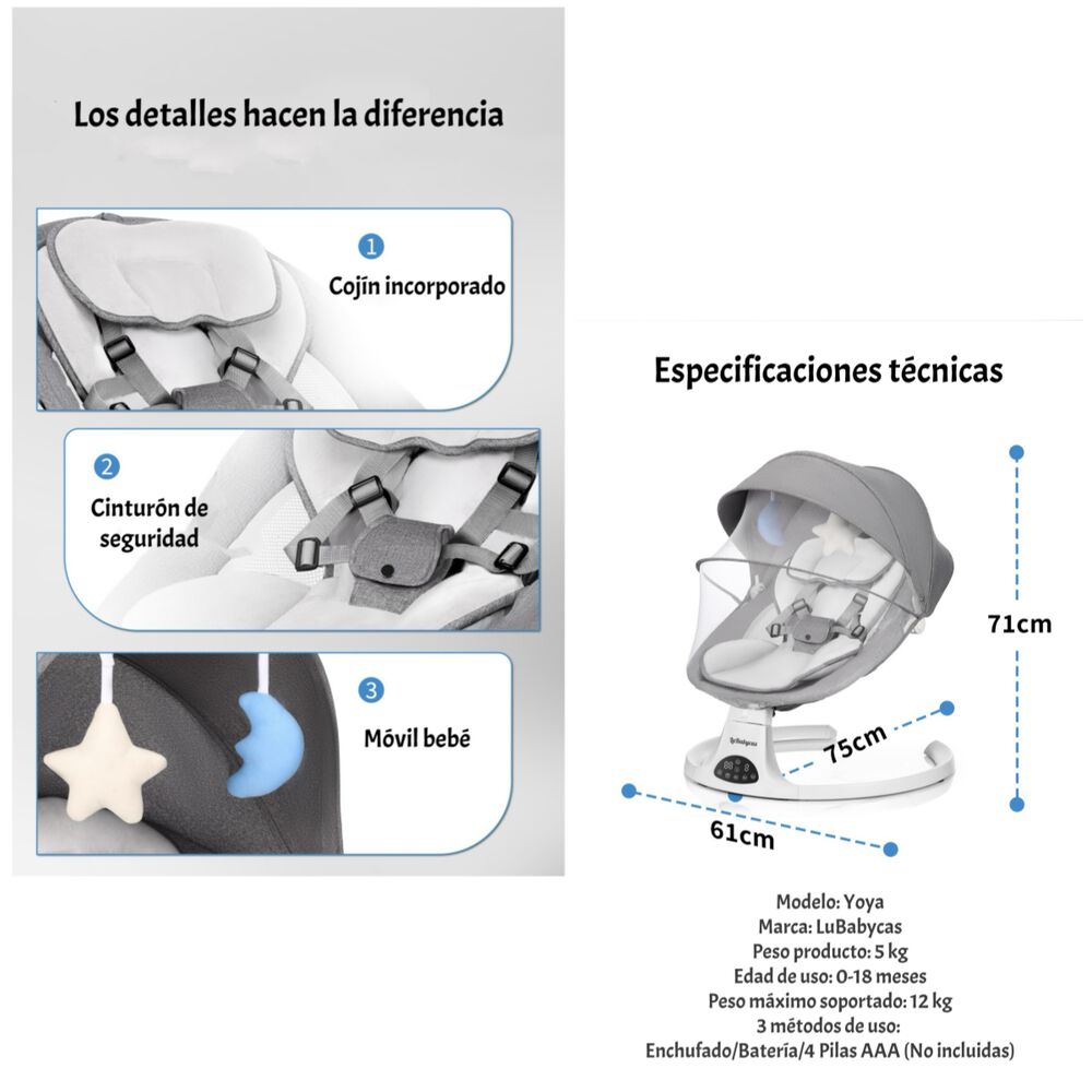 Mecedora Eléctrica 2 En 1 Bluetooth Yoya Gris Lubabycas image number 5.0