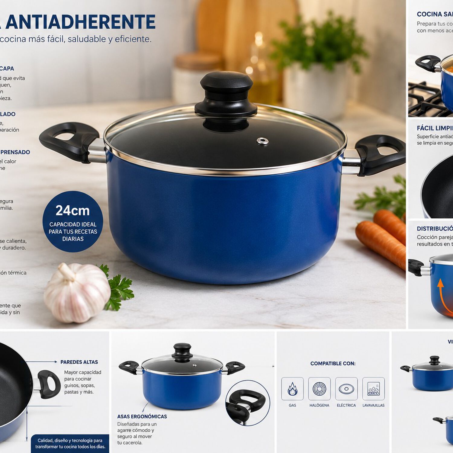 Olla Cacerola Antiadherente 24 Cm 5 Litros Modelo Royal Blue Marca Vitta image number 1.0