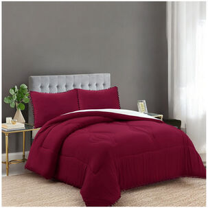 Juego De Plum&oacute;n De 3 Piezas Vintage Con Pompones - 2 Plazas Burdeo