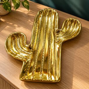 Bandeja Decorativa Cactus Dorada De Cer&aacute;mica Con Acabado Brillante