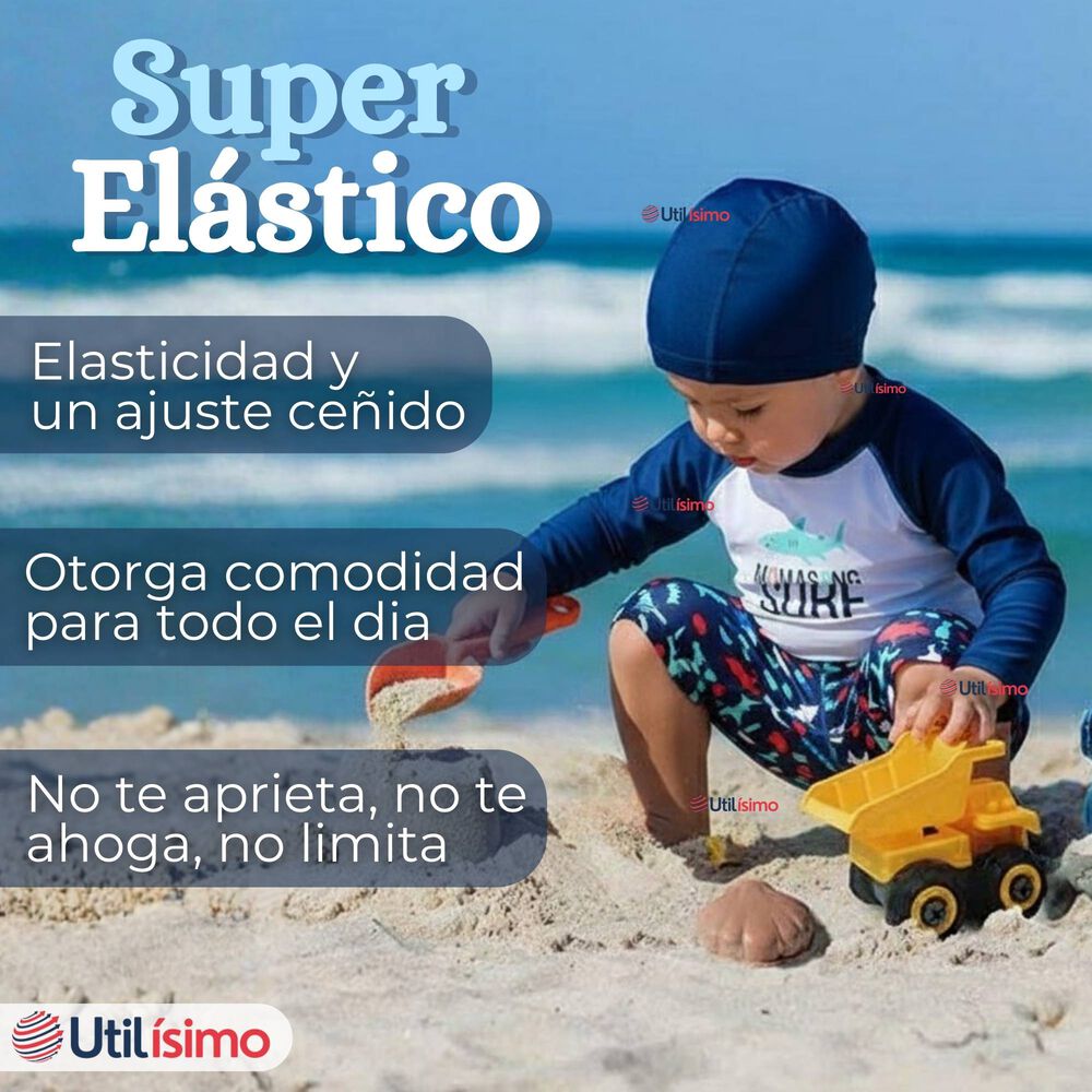 Traje De Ba&ntilde;o Con Gorro Pantal&oacute;n Corto Manga Larga 3 Piezas Corte Split Ni&ntilde;o 3 A 9 A&ntilde;os Blue Surf image number 4.0