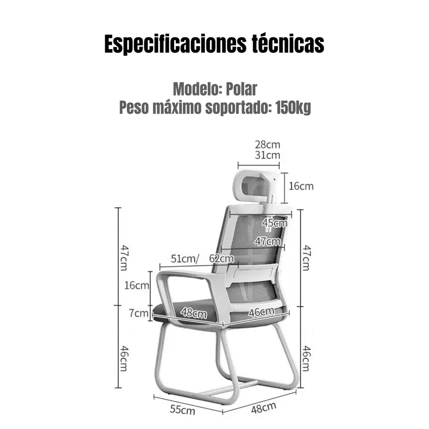 Silla De Escritorio Oficina Con Reposacabezas Polar Negra image number 7.0