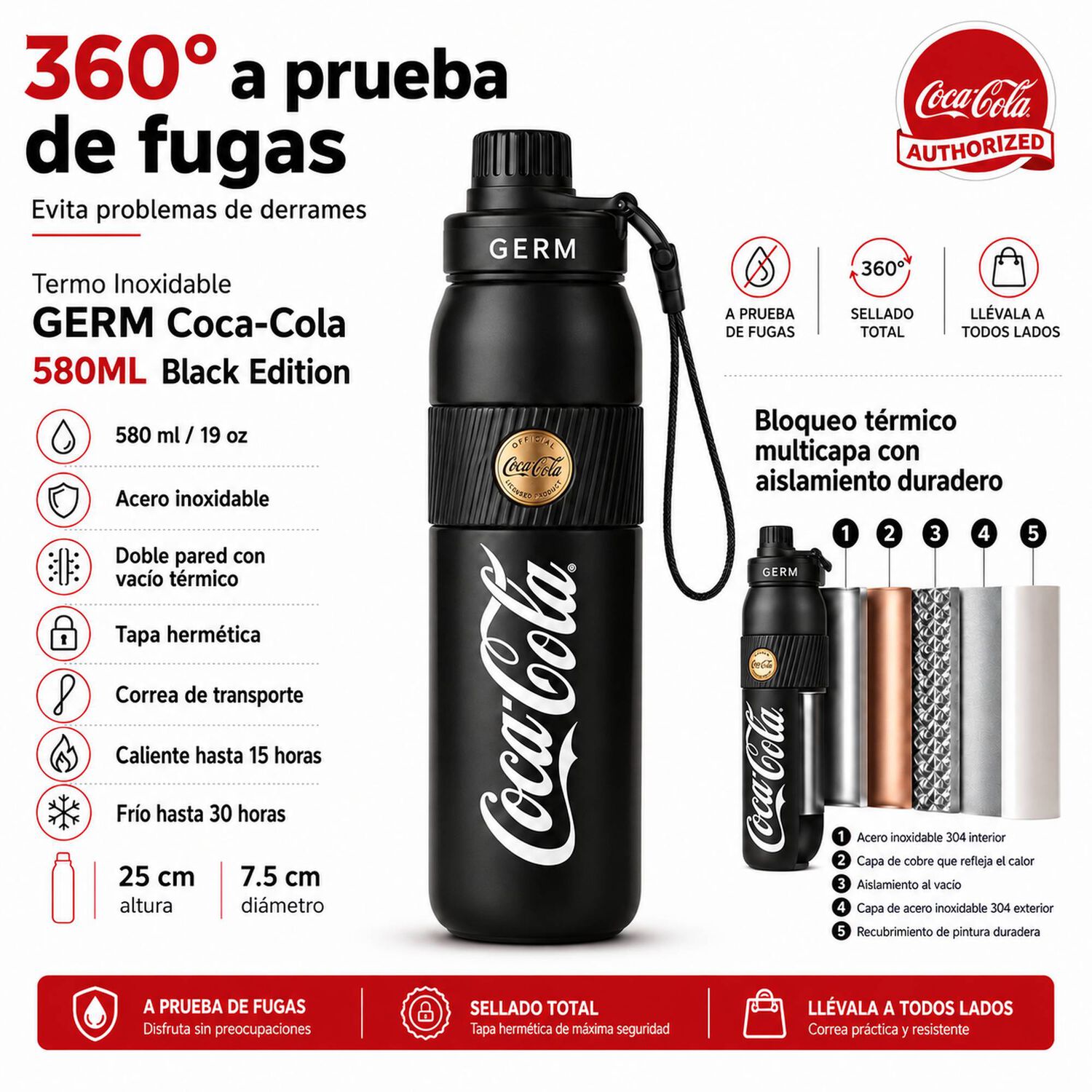 Termo Inoxidable Germ Coca-cola 580ml Black Edition image number 7.0