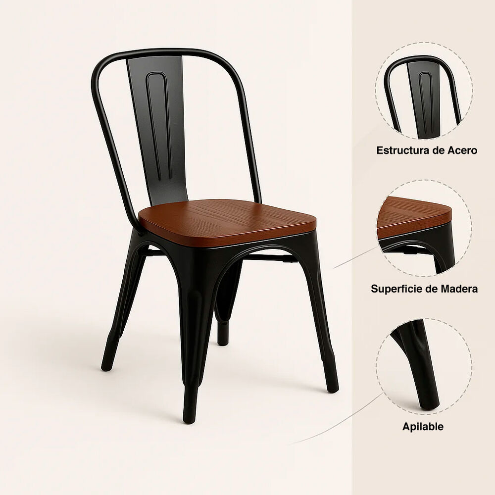 Silla Tolix De Comedor O Terraza Exterior Con Asiento De Madera Oscura Walnut - Negra image number 4.0