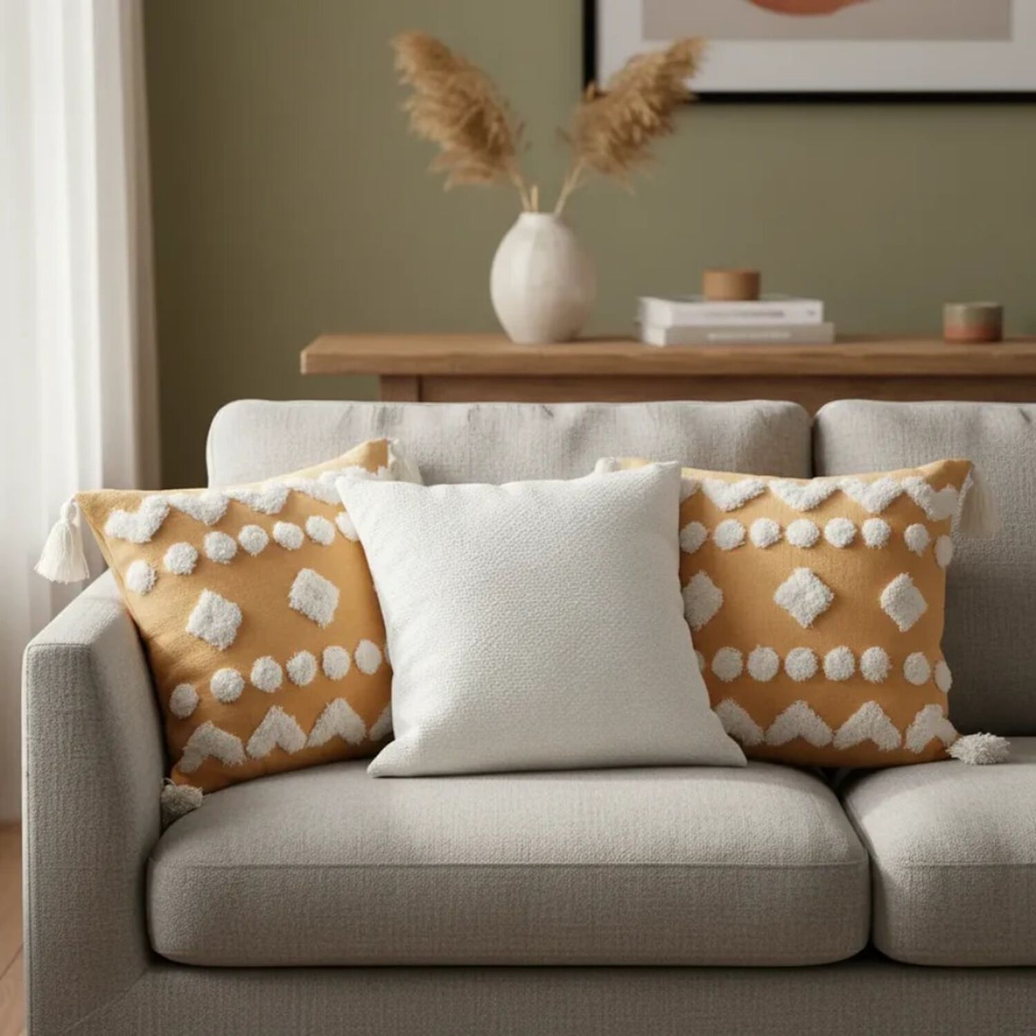 Set De 3 Cojines Decorativos Boho Amarillo Y Blanco image number 1.0