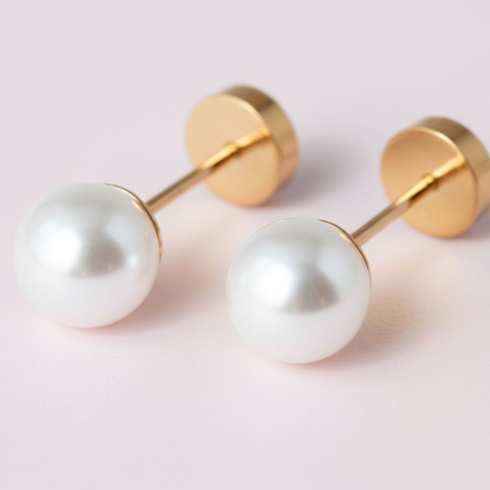 Aros Abridores Perla Casquillo 6mm N3 Oro 14k A Presi&oacute;n Beb&eacute; Ni&ntilde;a Primeros Aros image number 1.0