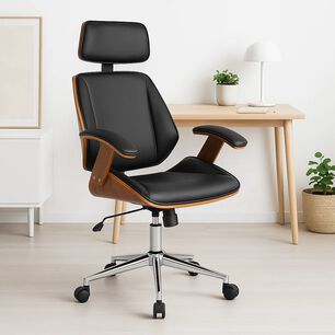 Silla Oficina Cuero Negra Con Apoyabrazos Madera Y Respaldo Cabeza