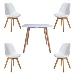 Comedor Mesa Cuadrada Blanca + 4 Sillas Tulip Acolchadas Blancas