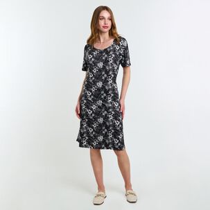 Vestido Full Print Amarra En Cintura Manga Corta Cuello Redondo Mujer Lesage