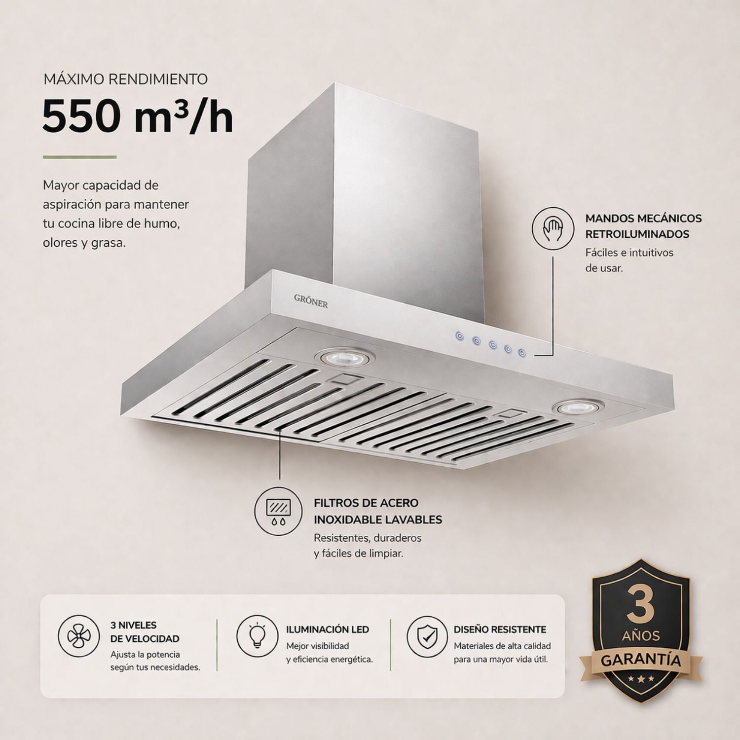 Campana Decorativa Gr&ouml;ner Inox St 60cm. image number 2.0