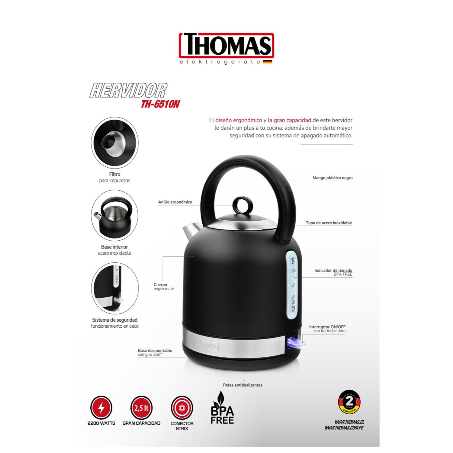 Hervidor Electrico 2500ml 2200w Negro Mate Th-6510n Thomas image number 2.0