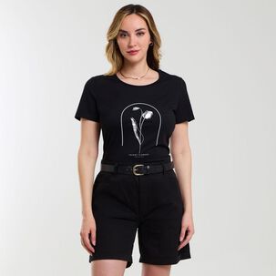 Polera Lisa Estampado Delantero Manga Corta Cuello Redondo Mujer Geeps